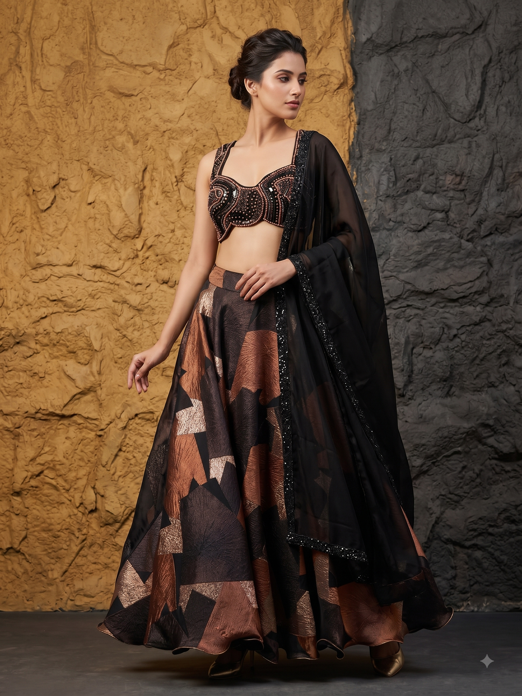 Black & Copper Geometric Shimmer Silk Lehenga Set