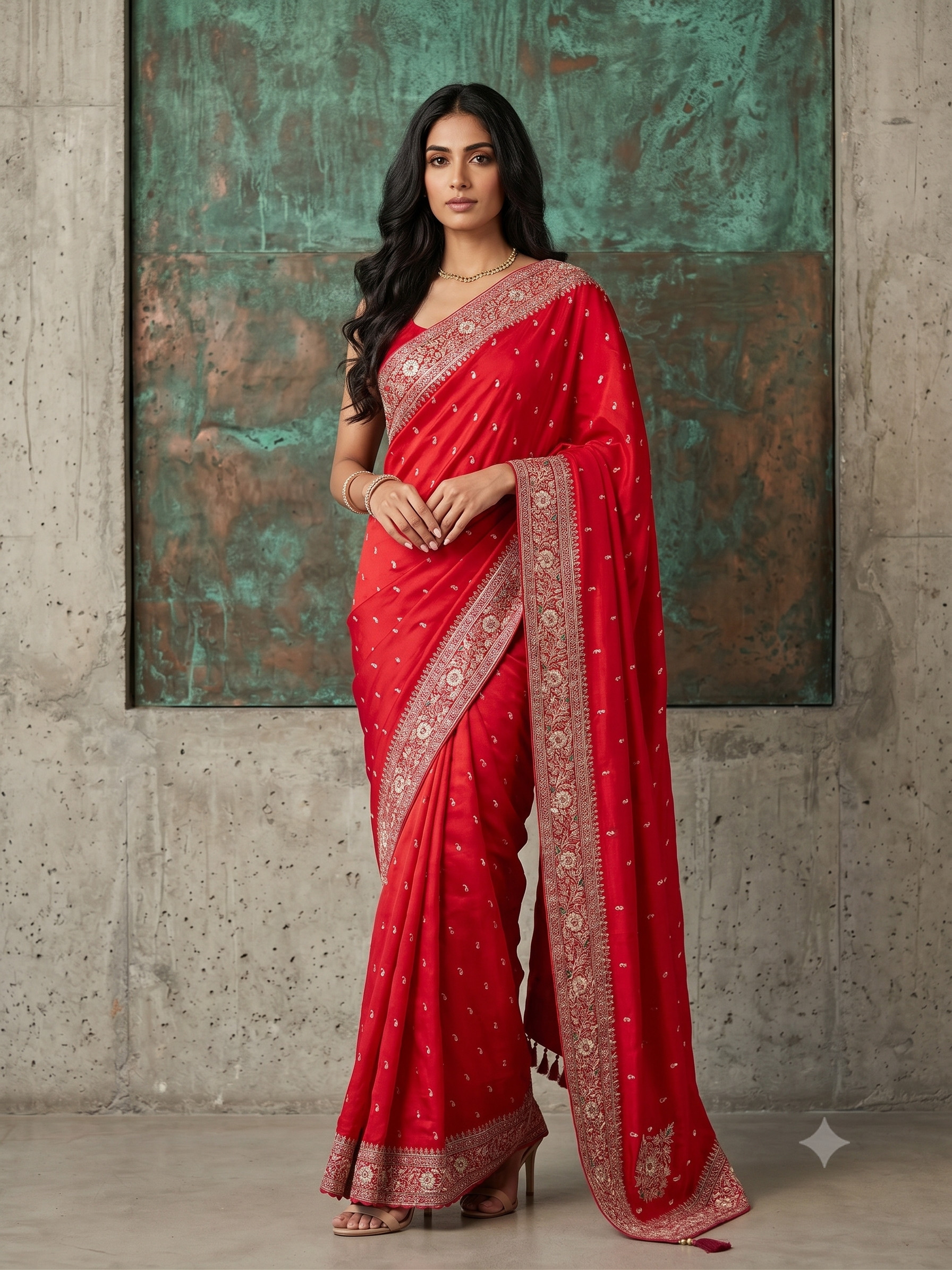 Bright Red Embellished Pure Crepe Silk Saree