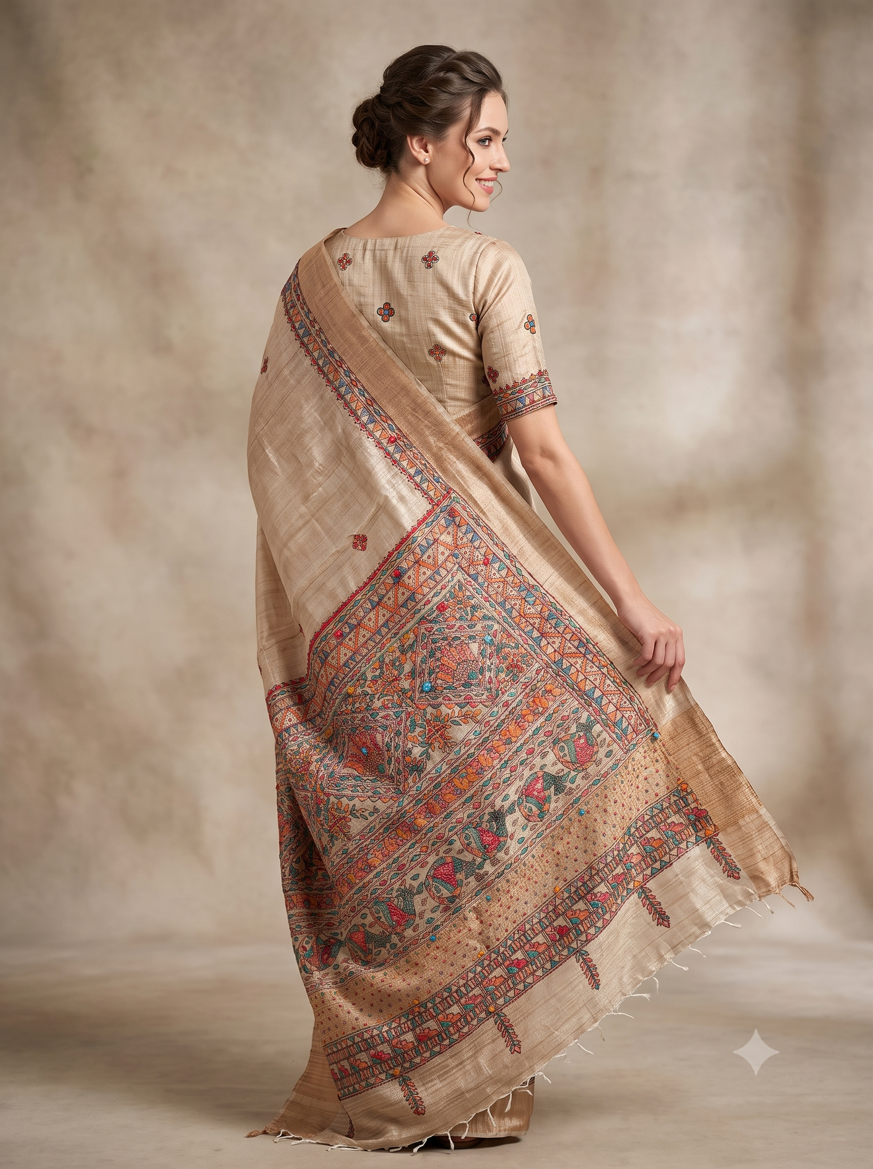 Beige Embroidered Pure Tussar Silk Saree
