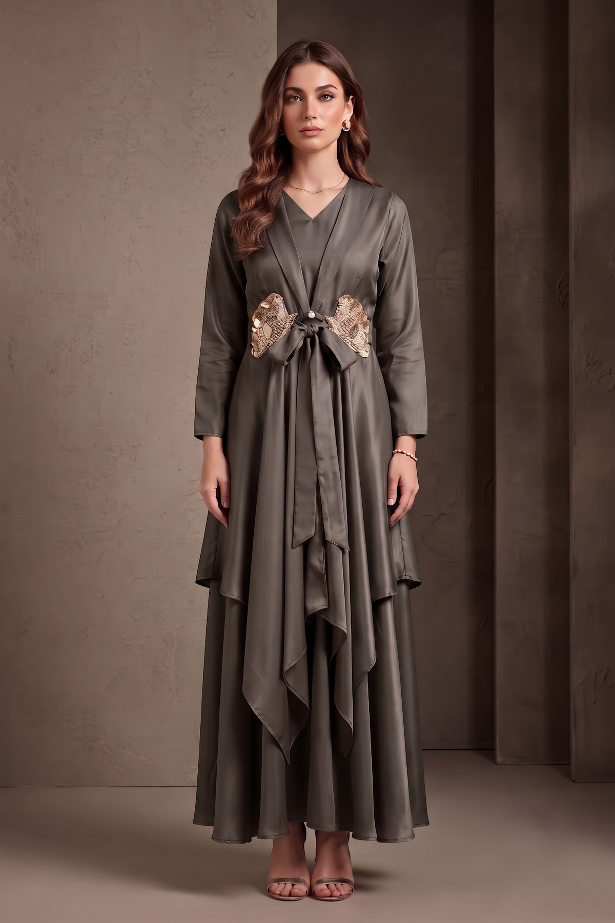 Charcoal Grey Embellished Crepe Silk Palazzo Set