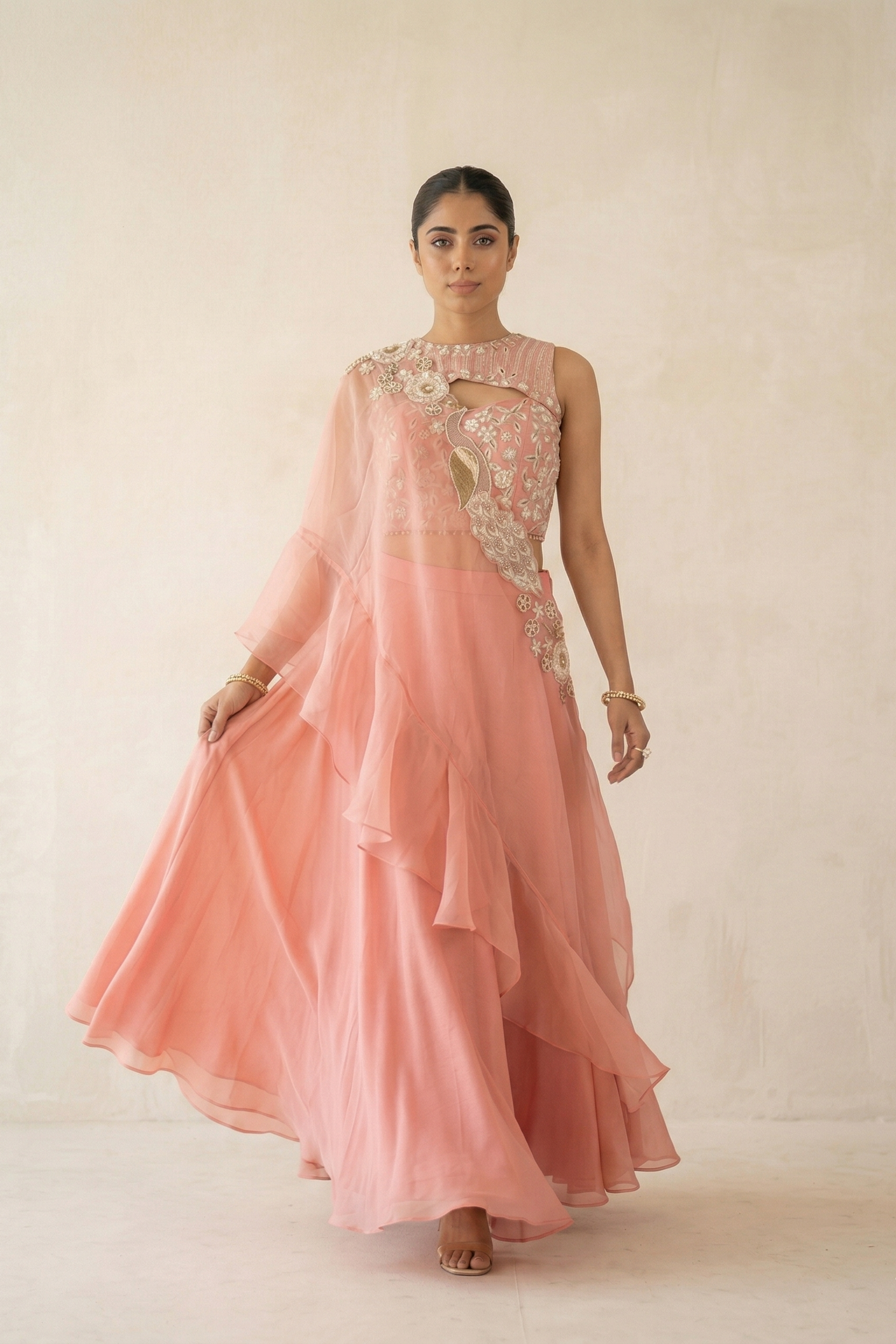 Coral Peach Embellished Georgette Silk Palazzo Set