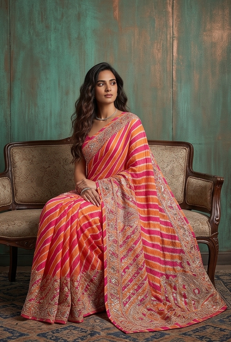 Coral Blush Embellished Tussar Silk Leheriya Saree