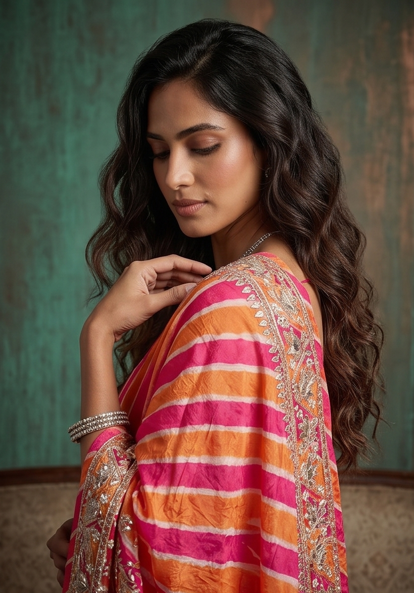 Coral Blush Embellished Tussar Silk Leheriya Saree