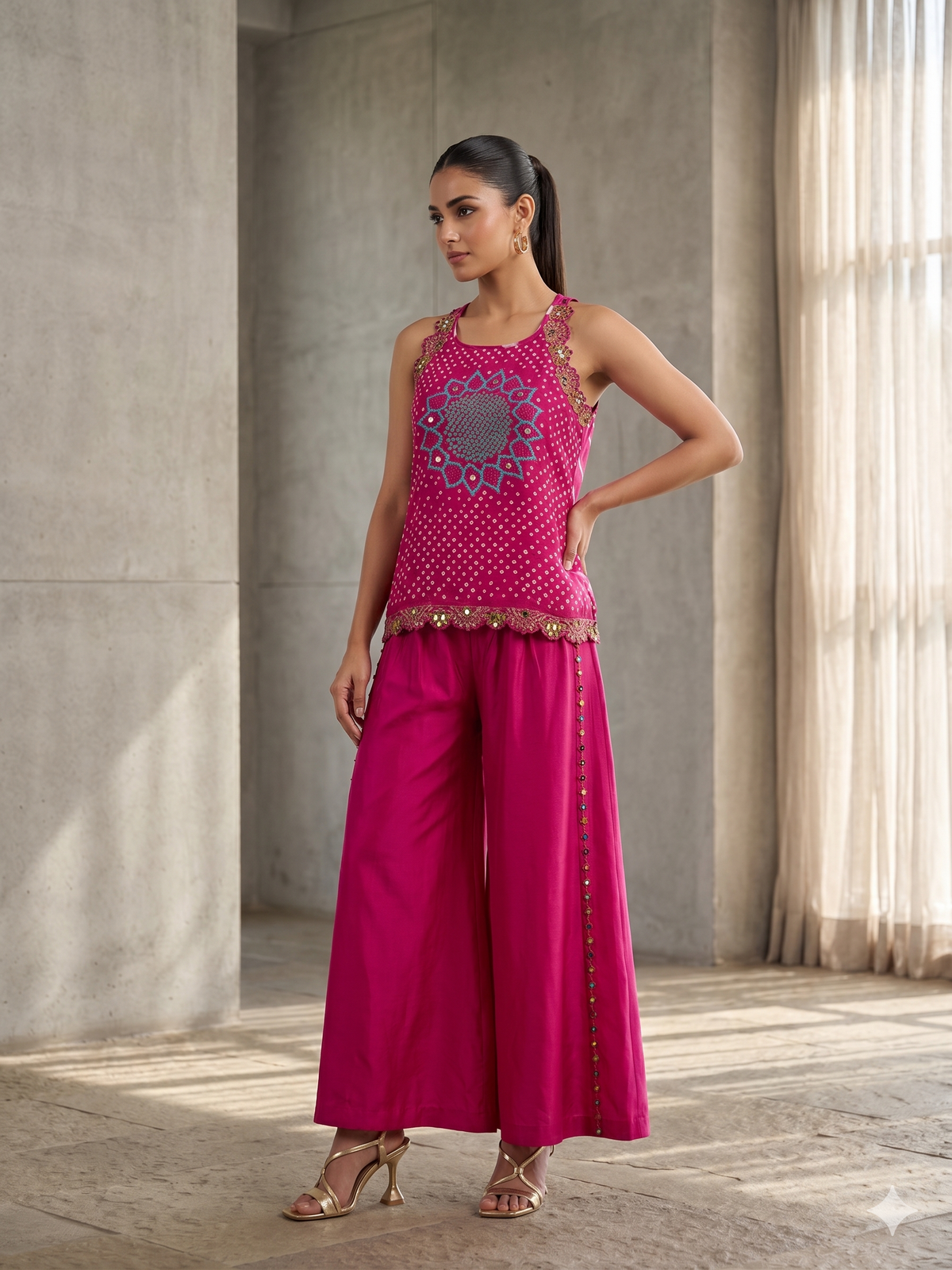 Fuchsia Mandala Embellished Satin Silk Palazzo Set