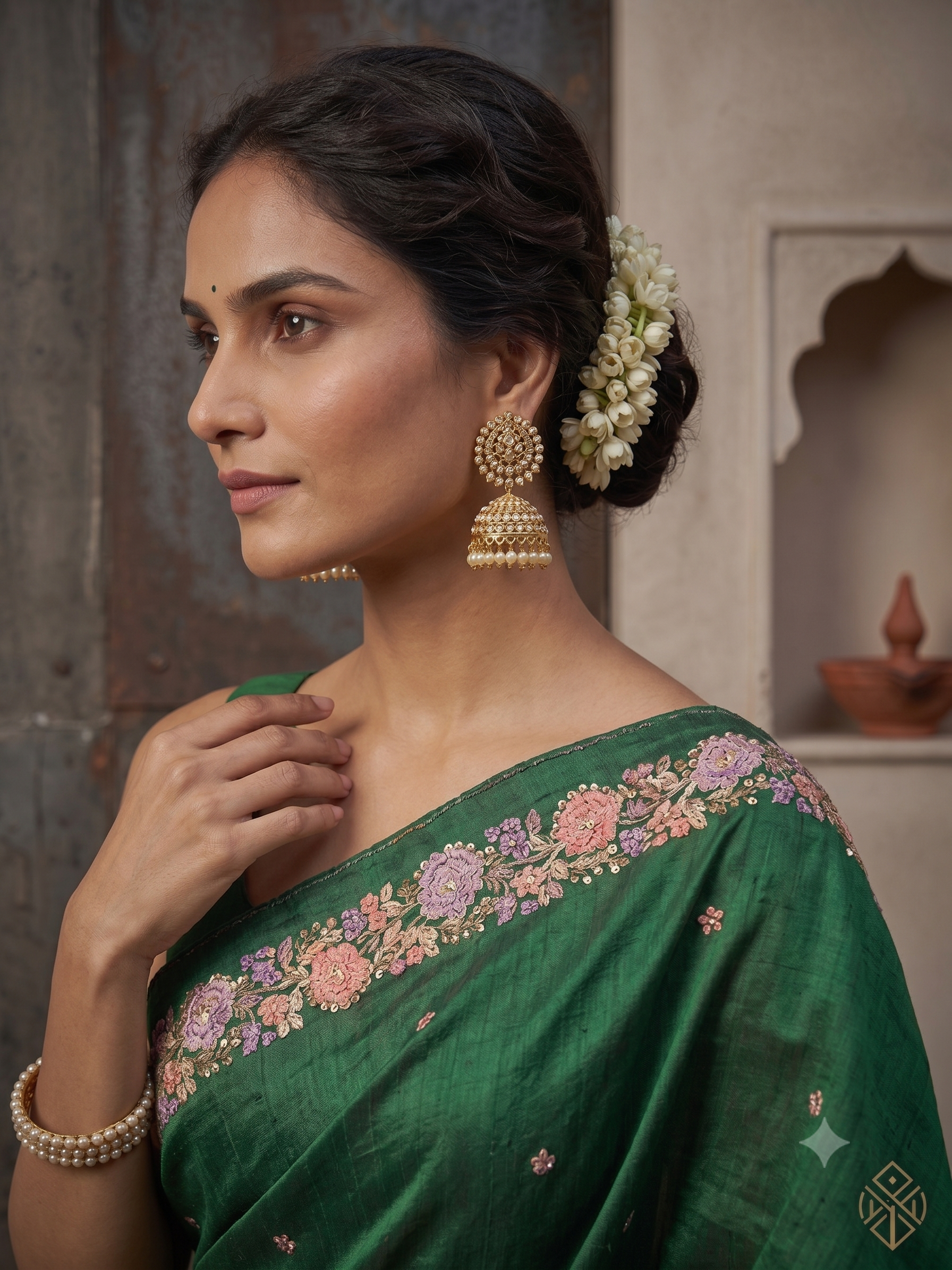 Emerald Green Embroidered Tussar Silk Saree