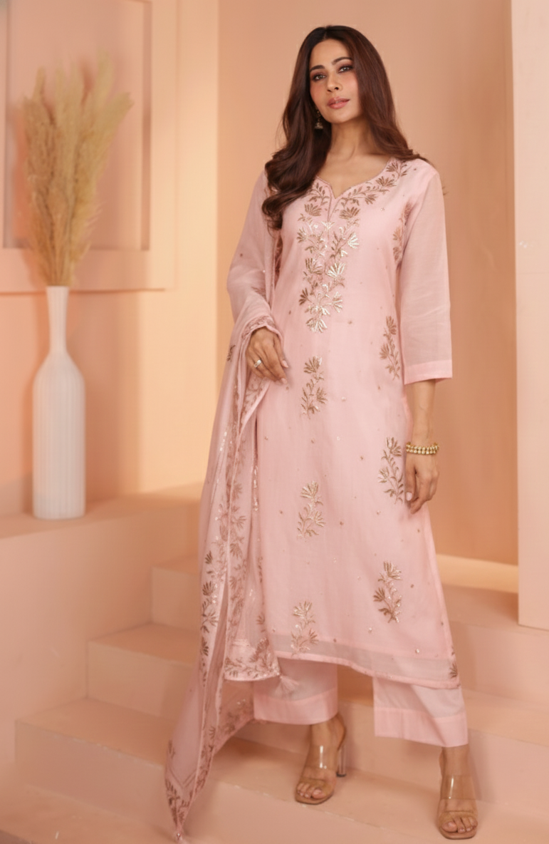 Soft Rose Embroidered Mul-Chanderi Silk Pant Set