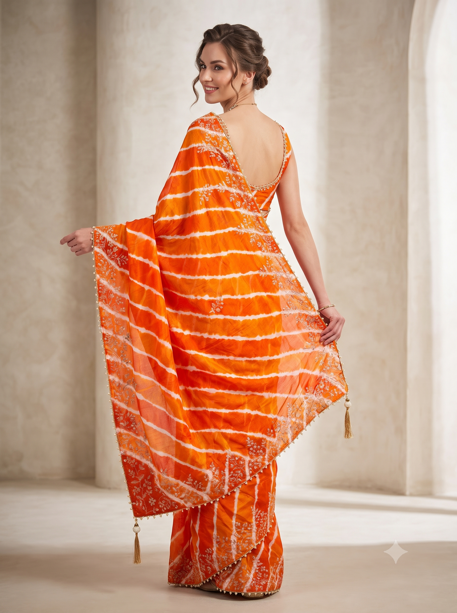 Orange Embellished Crepe Silk Leheriya Saree
