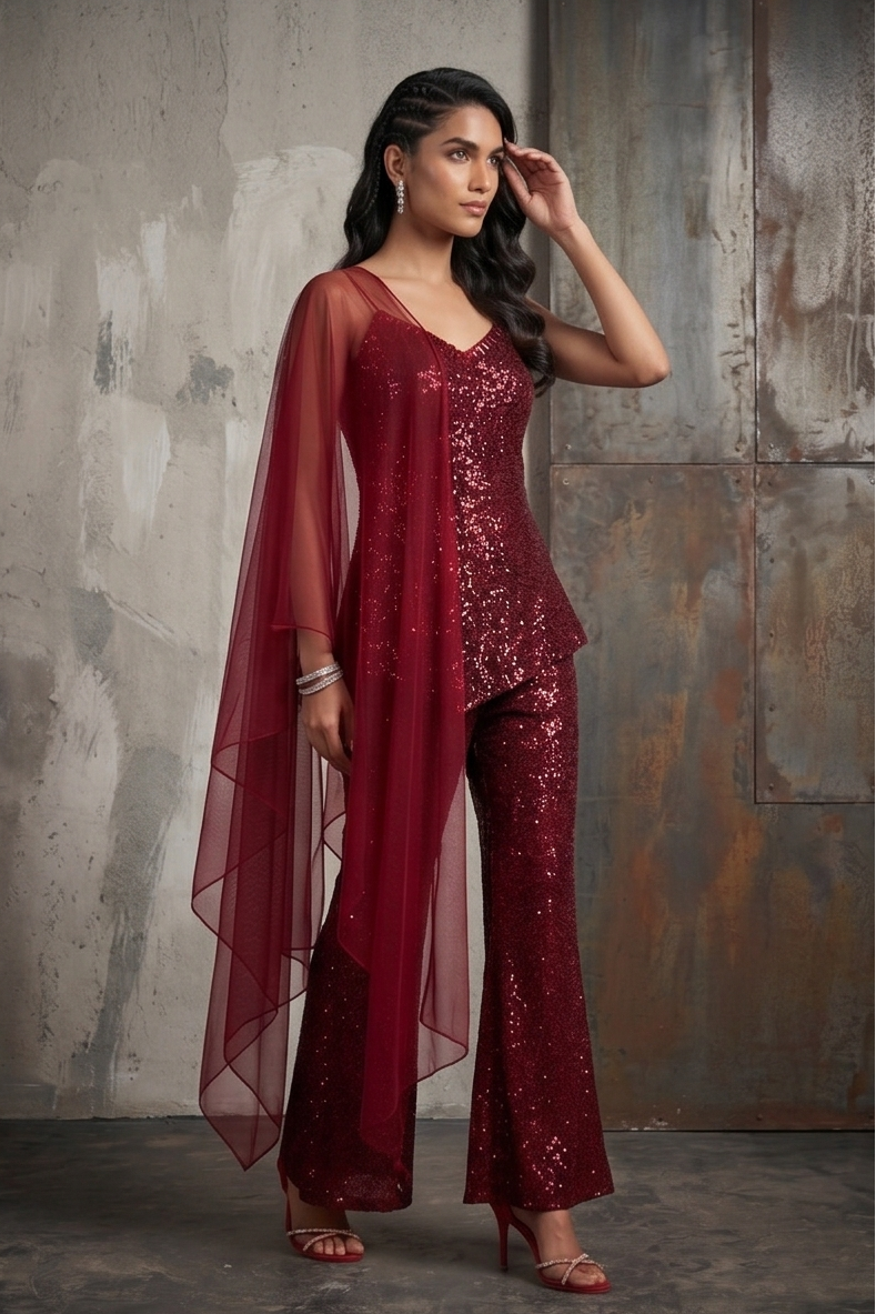 Glamorous Wine Red Sequin Palazzo Set
