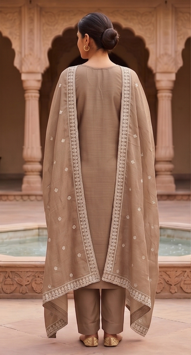 Taupe Embroidered Mul-Chanderi Silk Pant Set