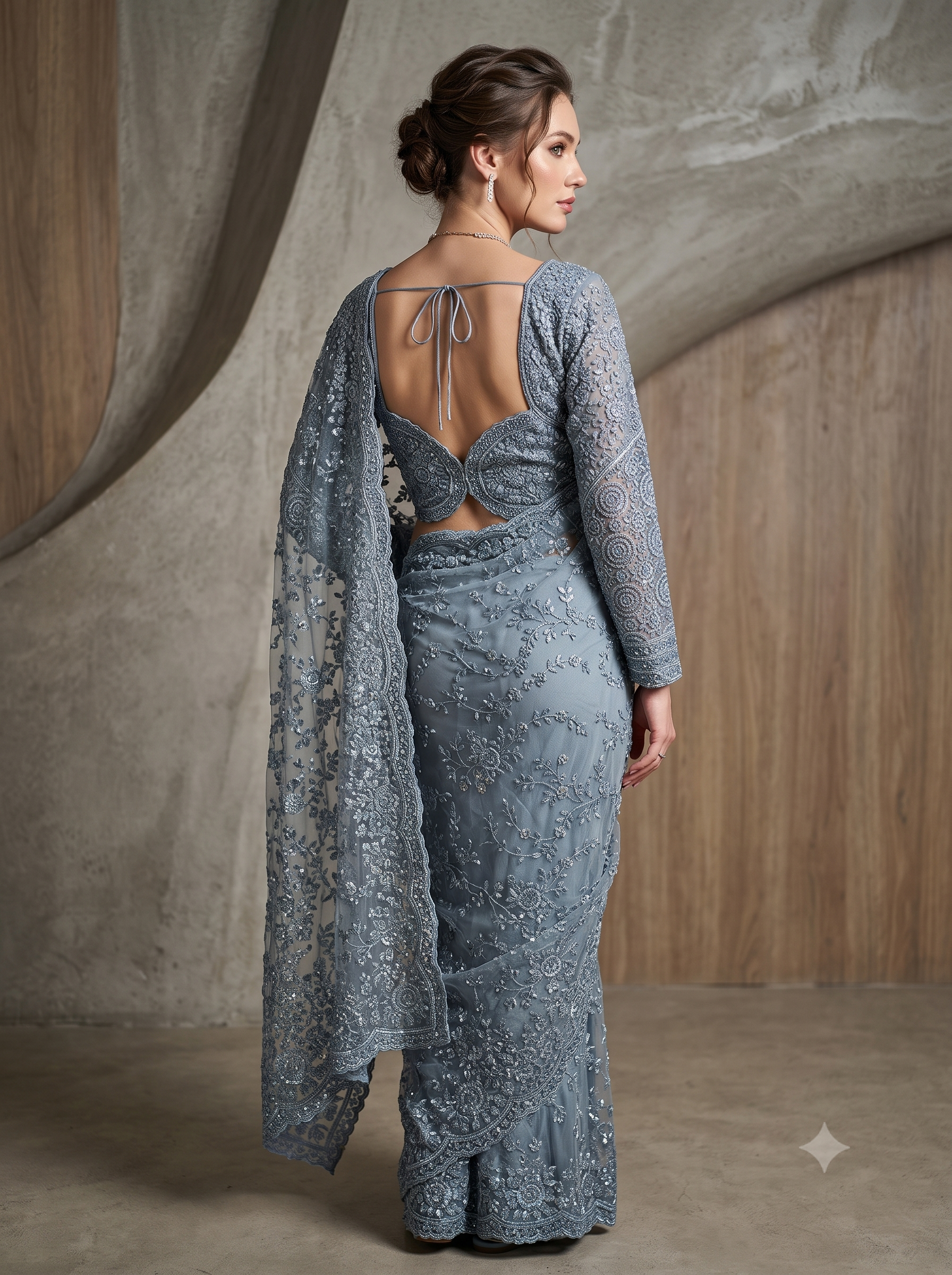 Moonlight Blue Embellished Premium Net Saree