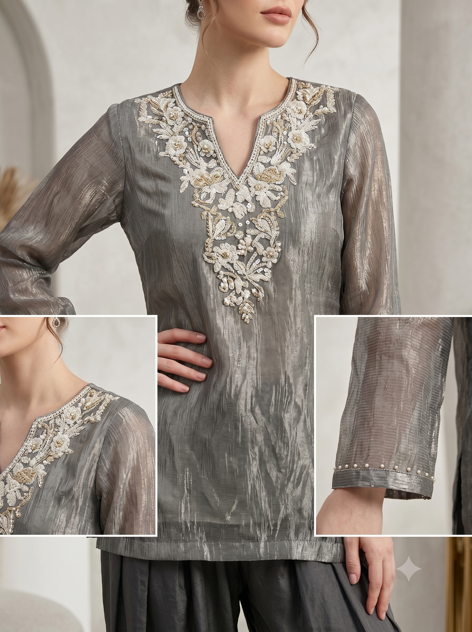 Metallic Silver Grey Shimmer Tissue Silk Co-Ord Set