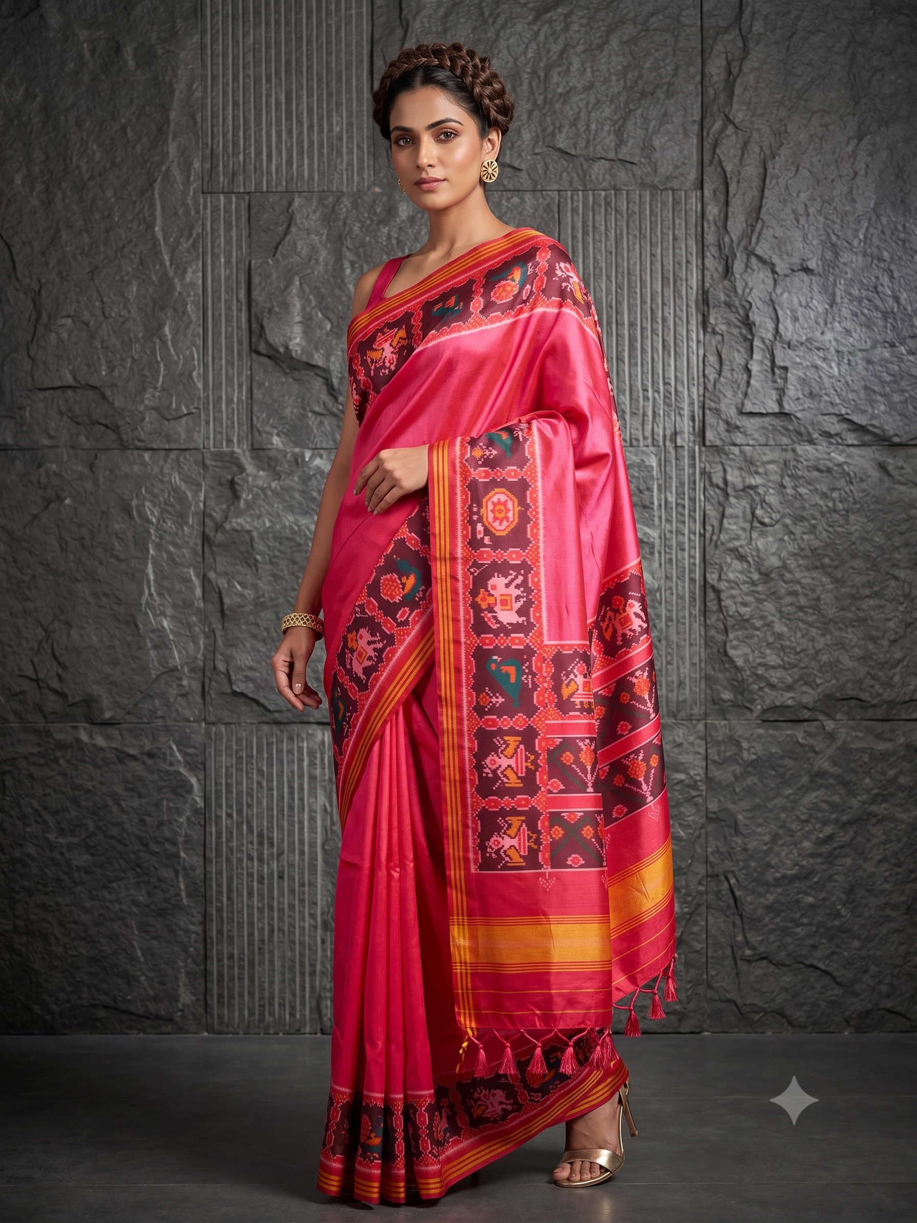 Vibrant Pink Patola Handloom Tussar Silk Saree