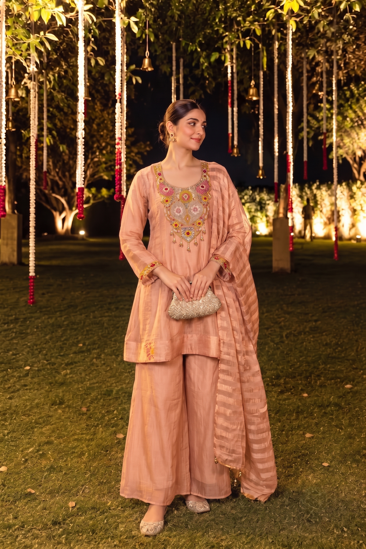 Peach Gold Embellished Shimmer Silk Palazzo Set