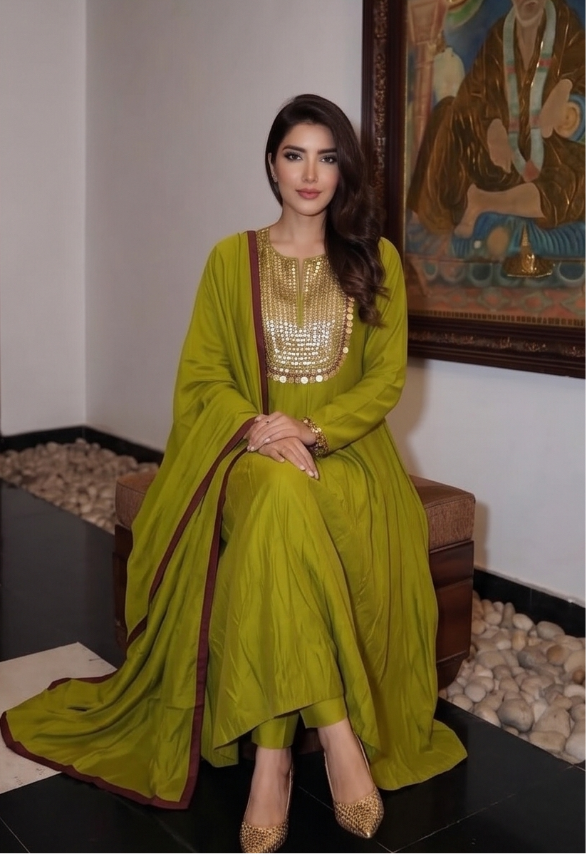 Light Green Embellished Crepe Silk Anarkali Set