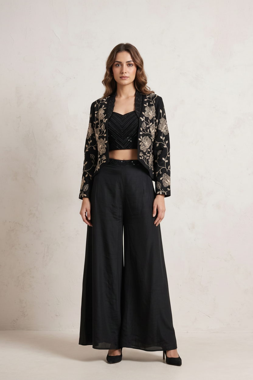 Classic Black Embellished Chinon Silk Palazzo Set