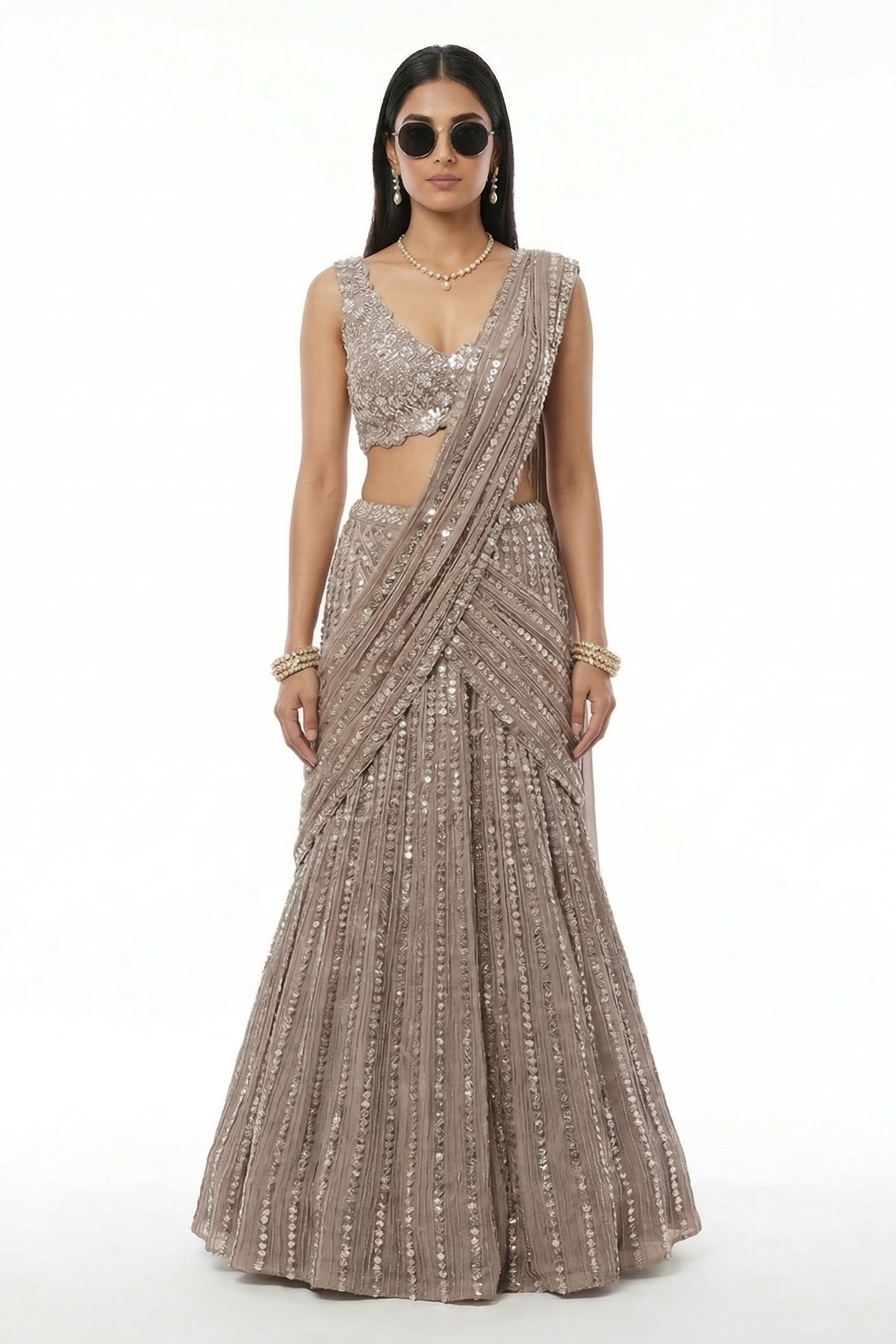Grey Blossom Embellished Chinon Silk Lehenga Set