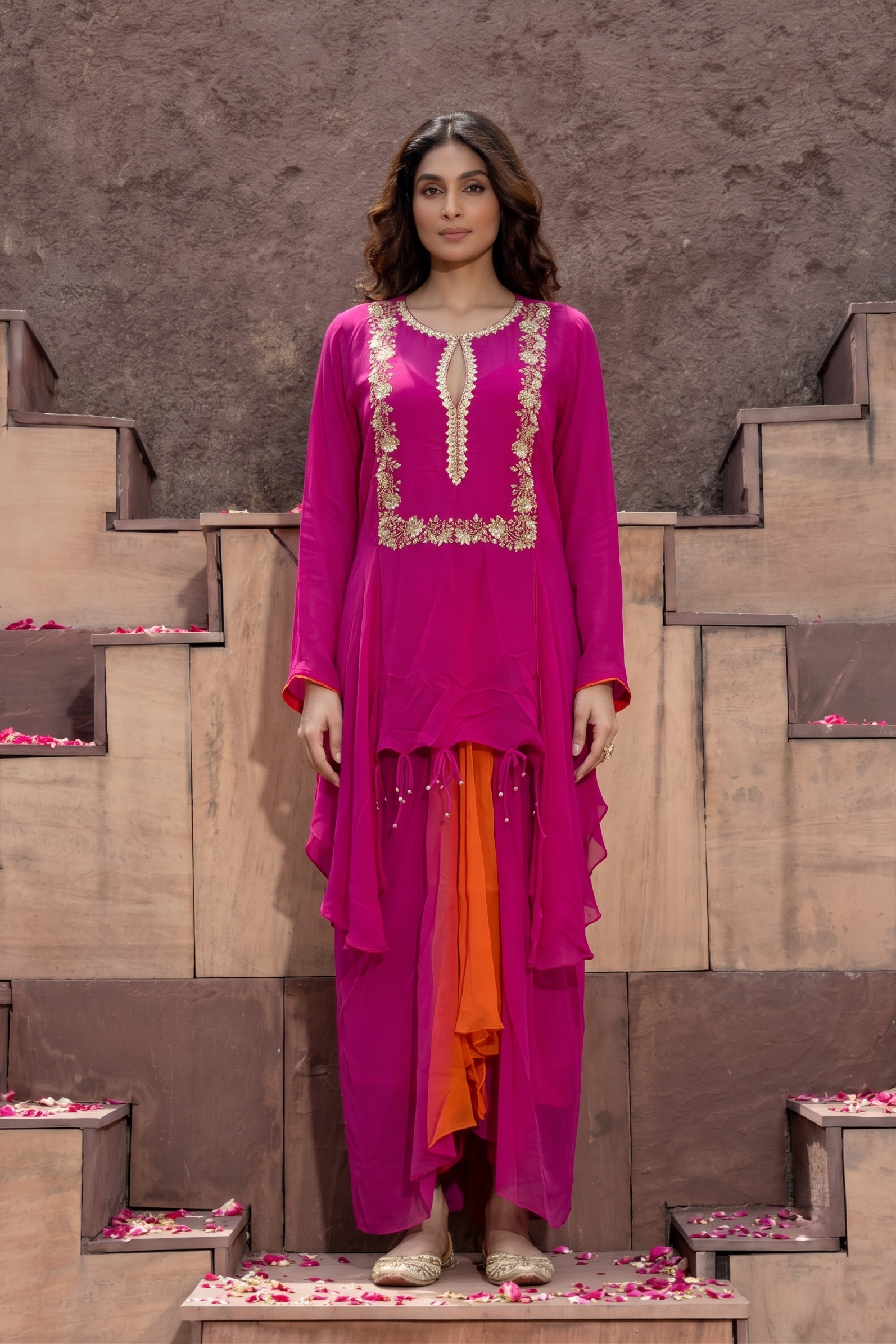 Magenta Pink Embellished Georgette Silk Skirt Set