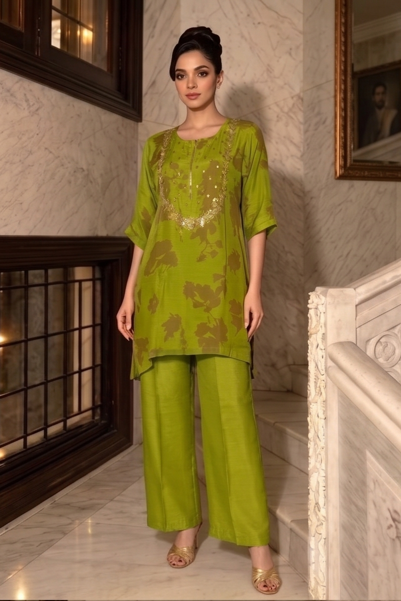 Olive Green Embellished Crepe Silk Co-Ord Set