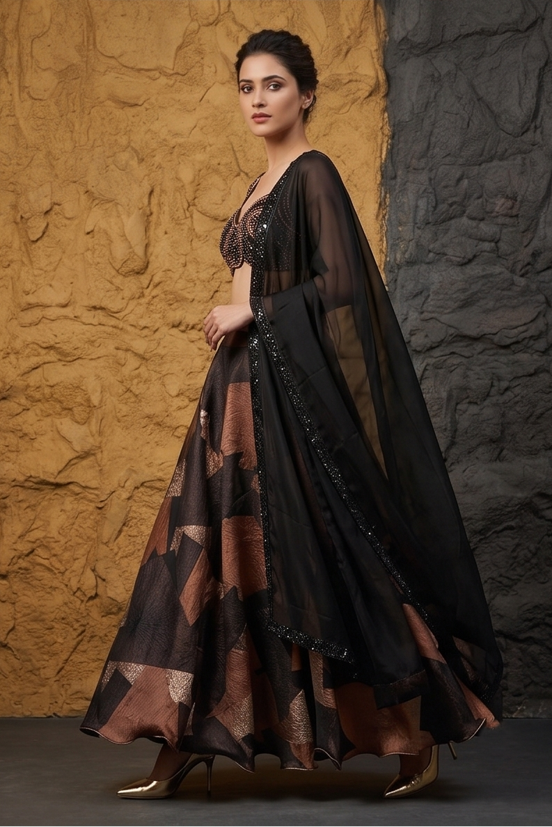 Black & Copper Geometric Shimmer Silk Lehenga Set