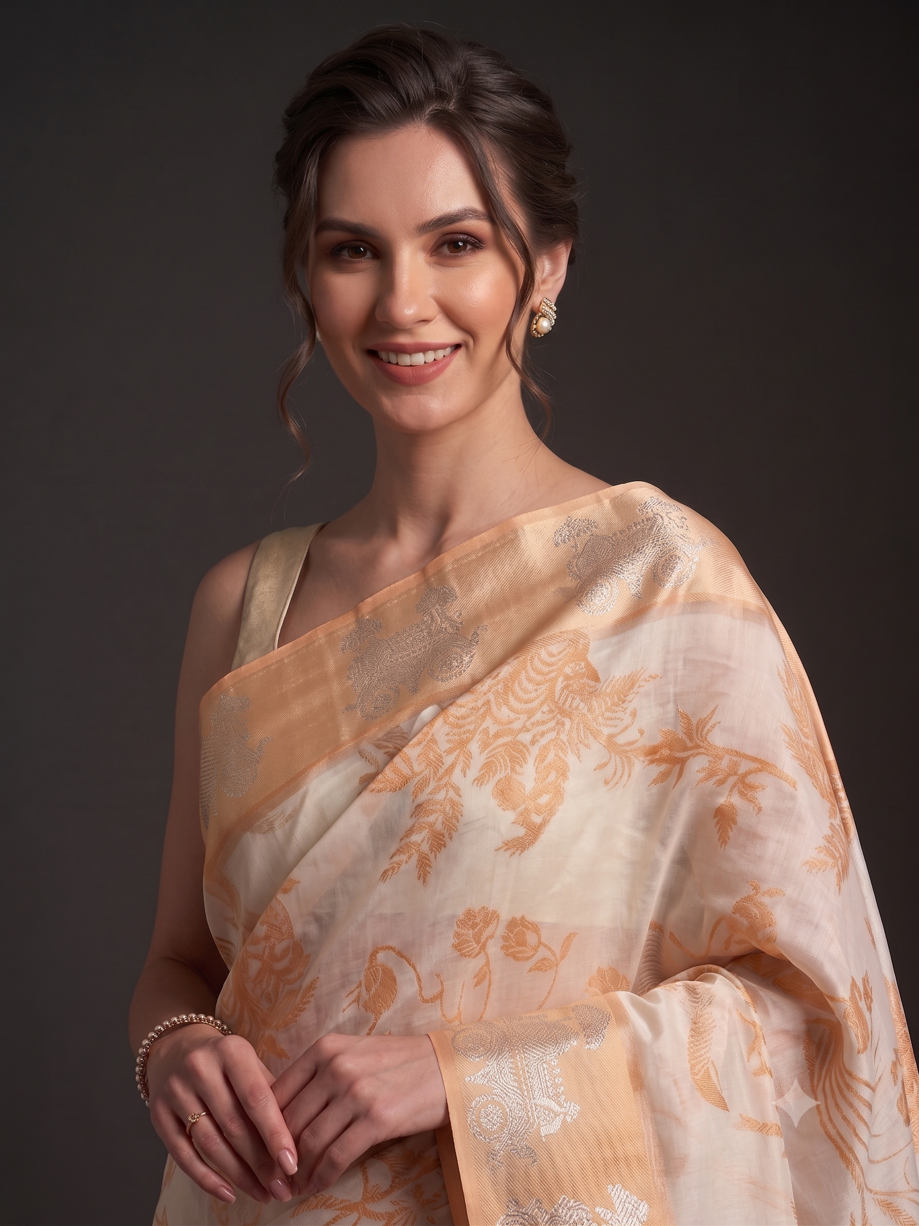 Muted Gold Printed Organza Silk Saree
