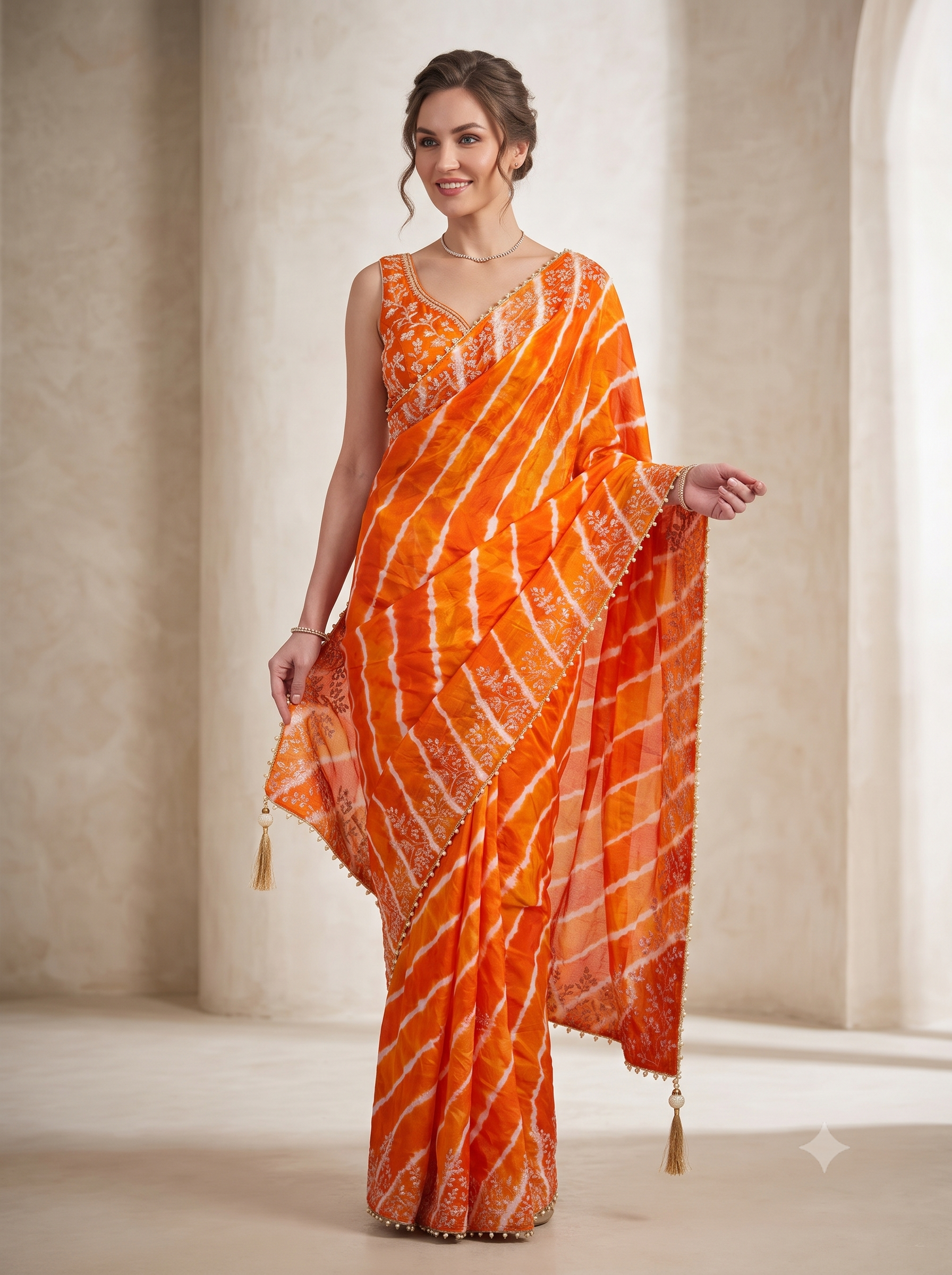 Orange Embellished Crepe Silk Leheriya Saree