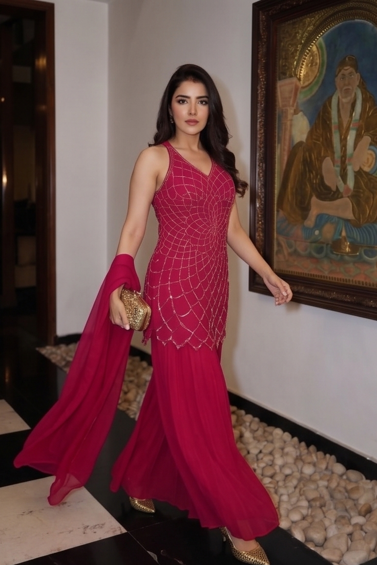 Rani Pink Embellished Georgette Silk Palazzo Set