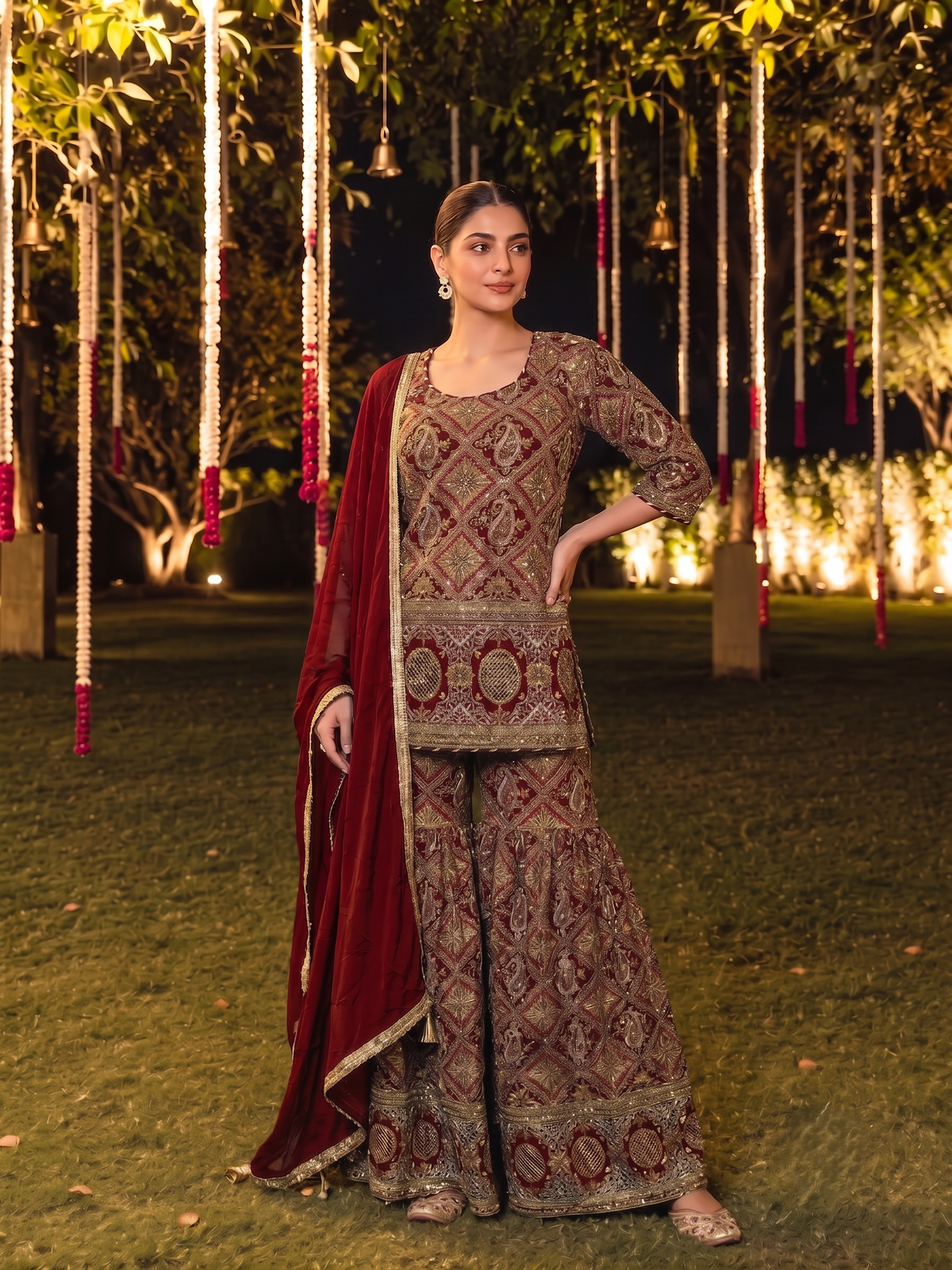 Royal Red Embellished Crepe Silk Sharara Set