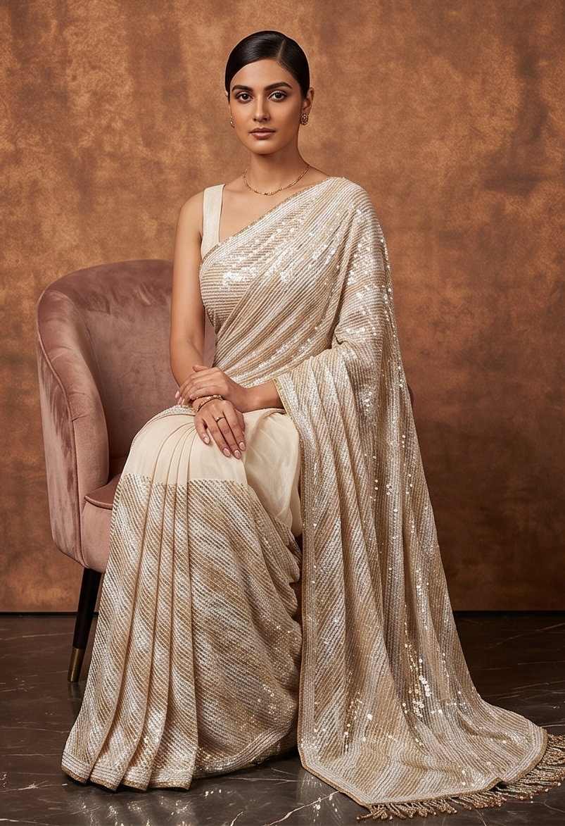 Beige Muse Embellished Georgette Silk Saree
