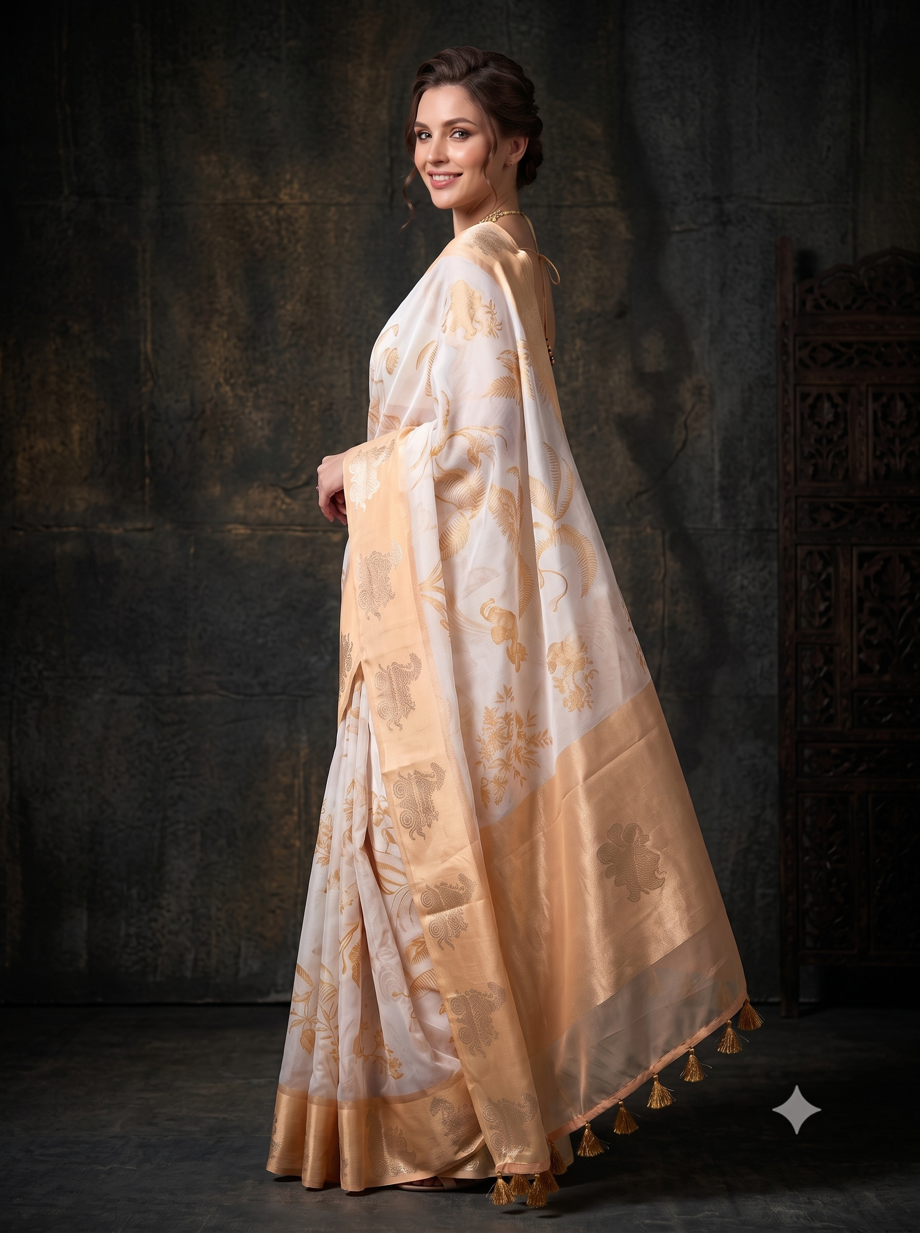 Muted Gold Printed Organza Silk Saree