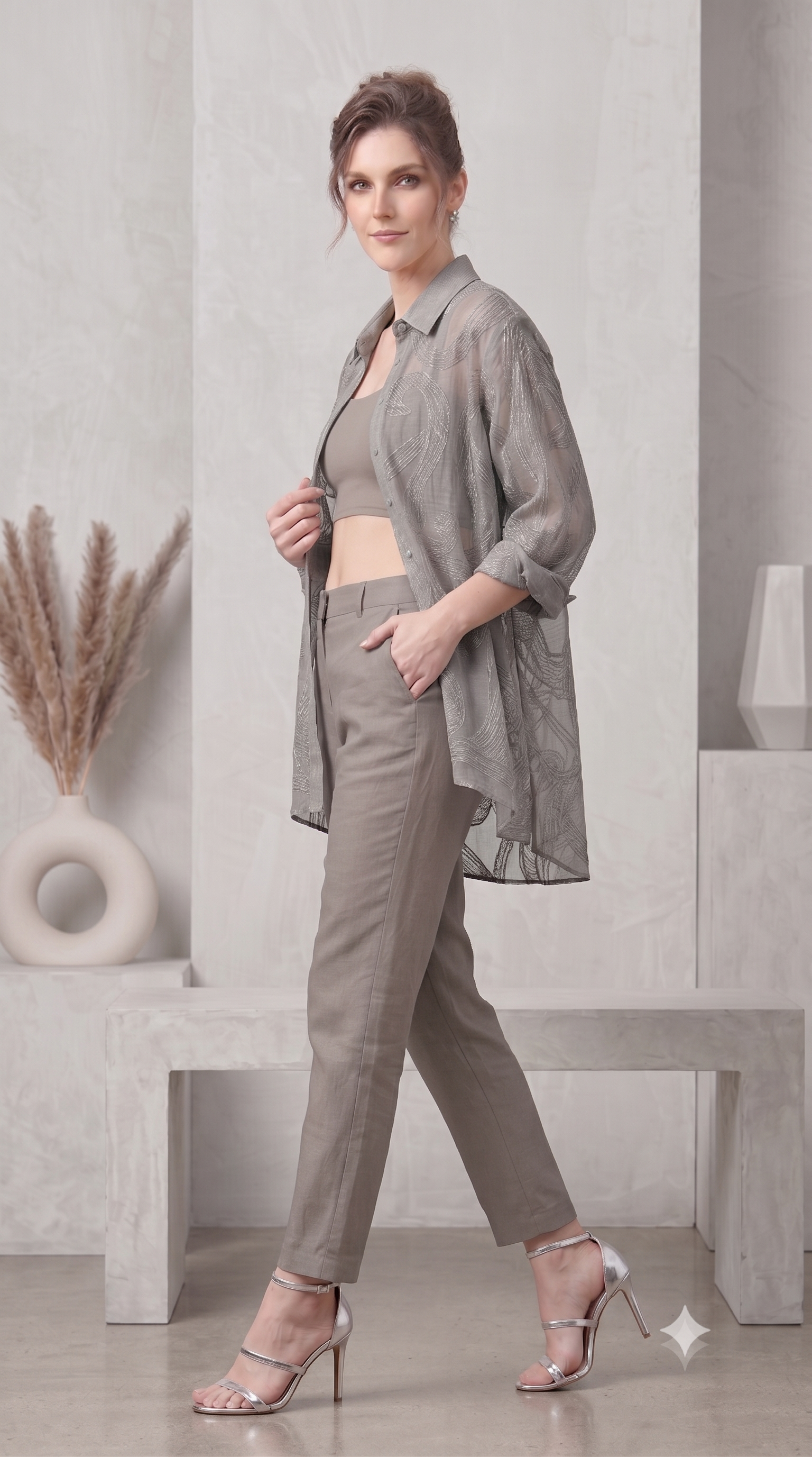 Grey Mist Embroidered Organza Silk Co-Ord Set