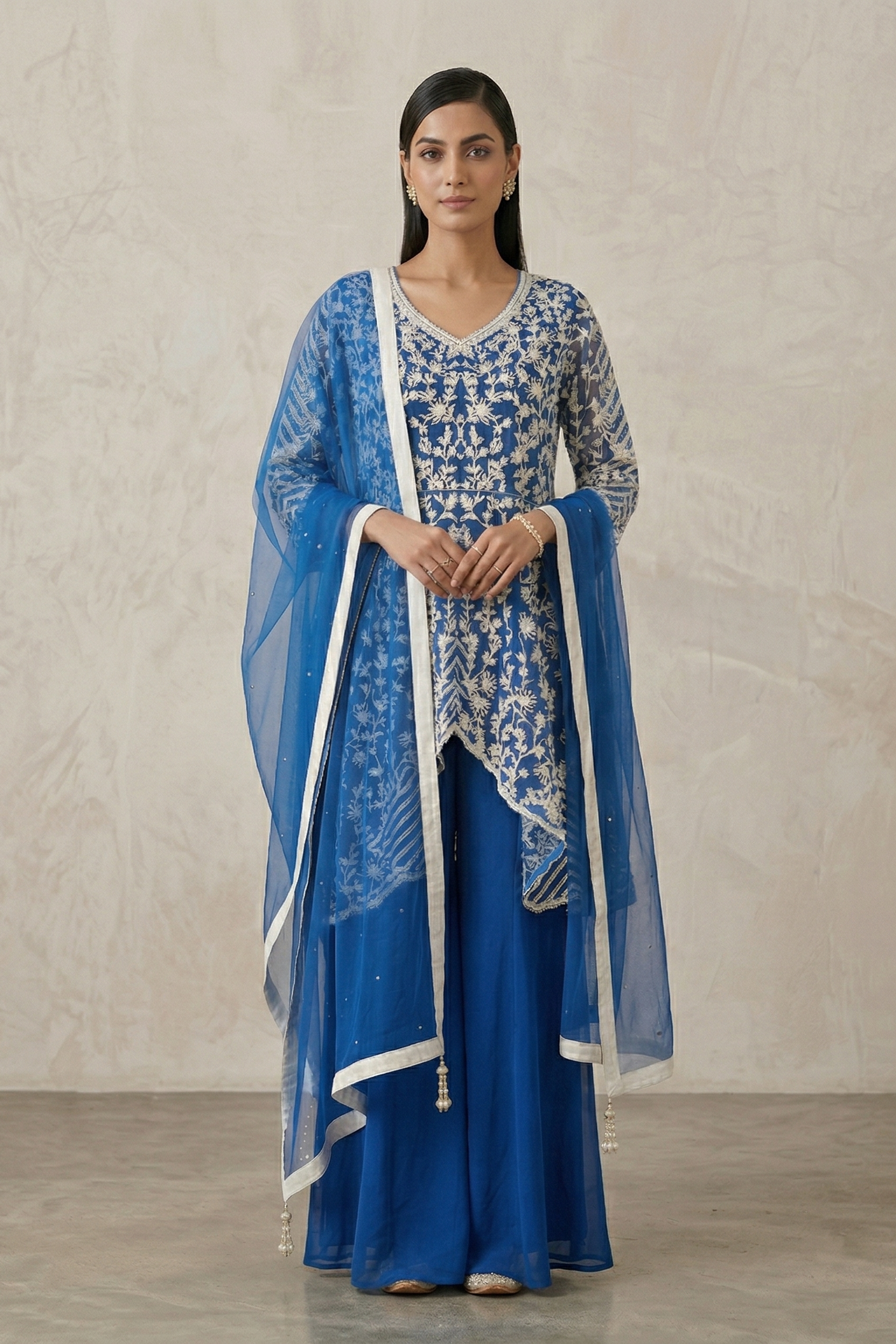 Cobalt Bloom Embellished Georgette Silk Palazzo Set