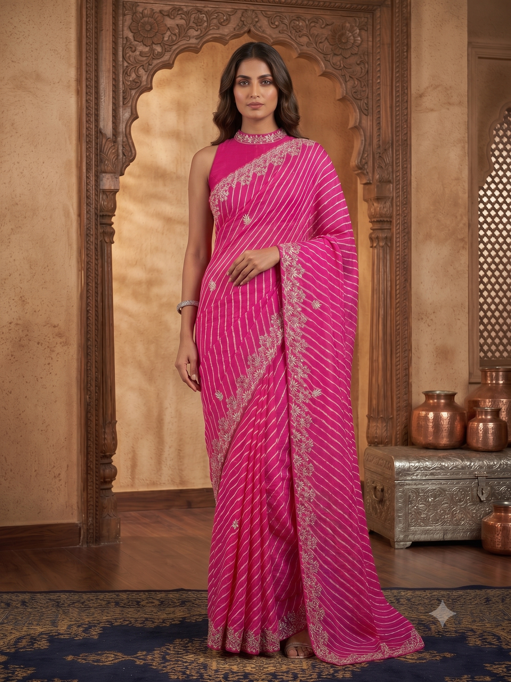 Vibrant Pink Embellished Tussar Silk Saree