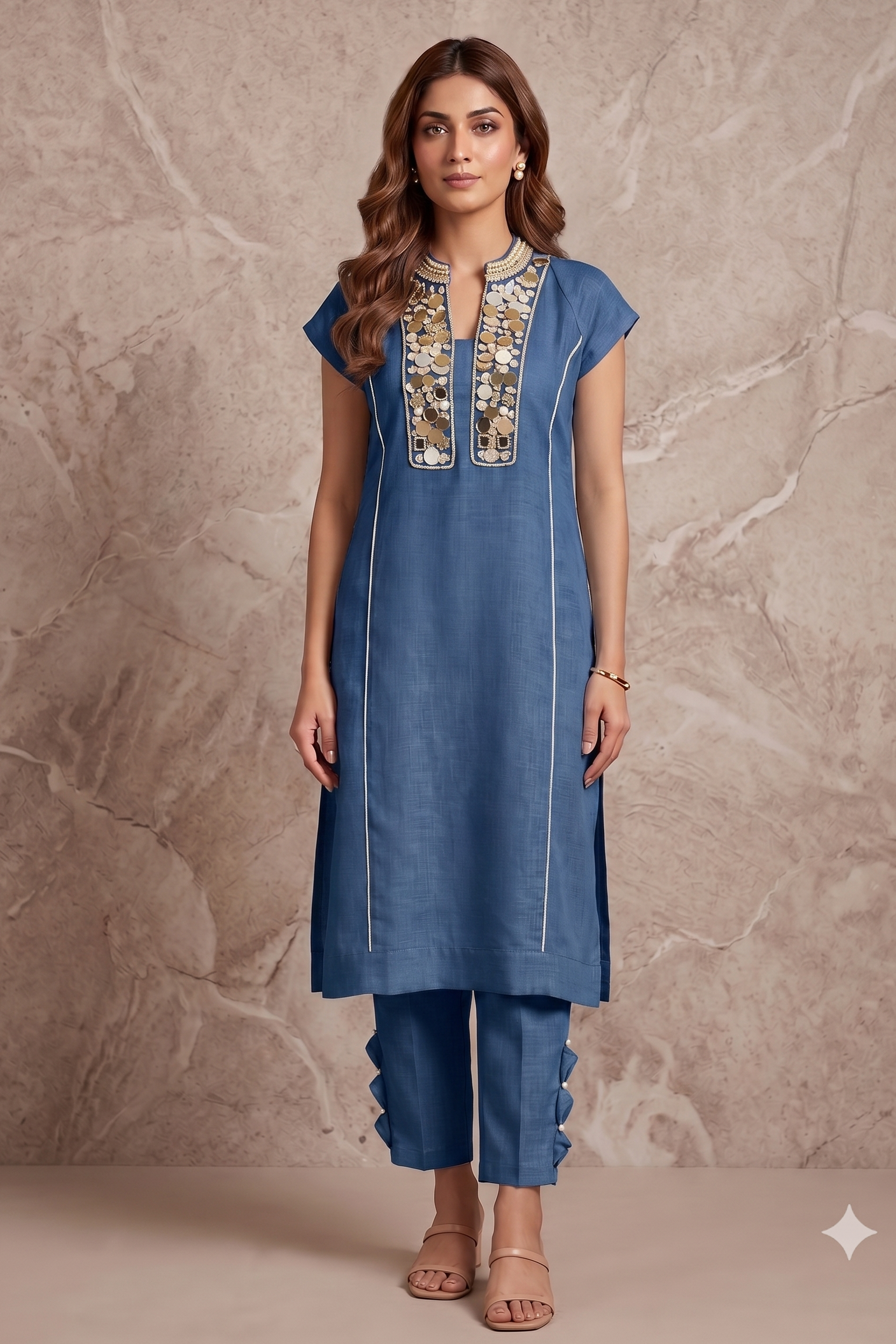 Denim Pearl Embellished Cotton Linen Pant Set