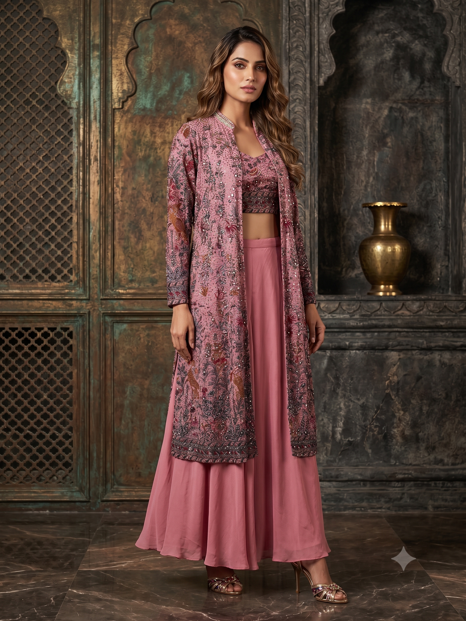 Mauve Embellished Georgette Silk Palazzo Set