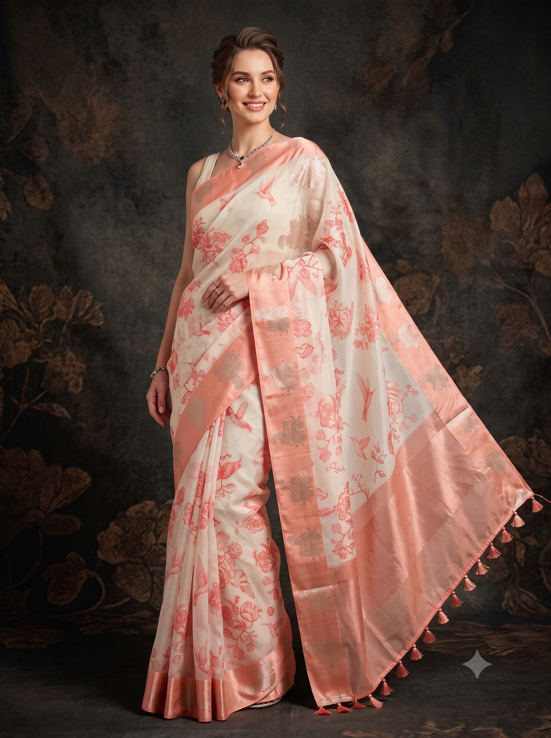 Coral Peach Printed Organza Silk Saree