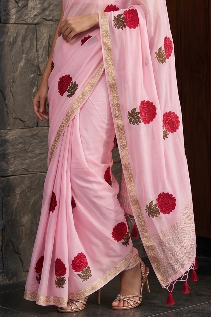 Rose Pink Embroidered Chinon Silk Saree