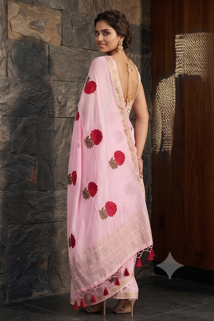 Rose Pink Embroidered Chinon Silk Saree