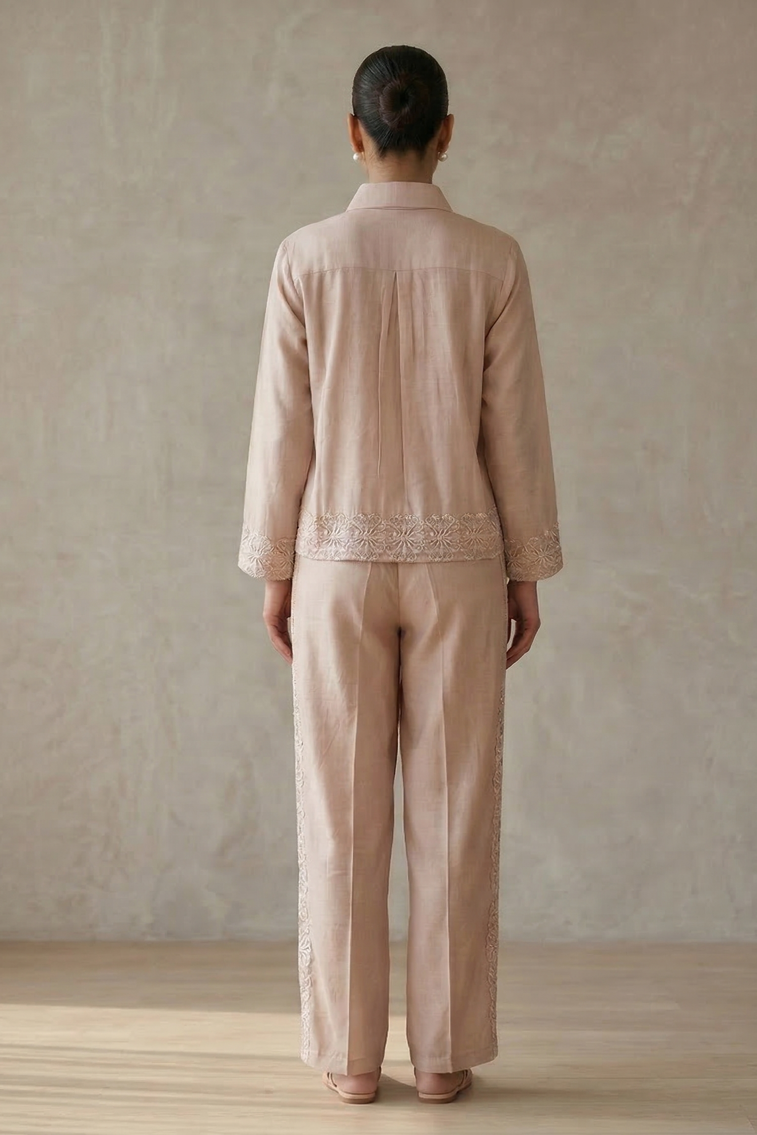 Nude Beige Embroidered Raw Silk Co-Ord Set