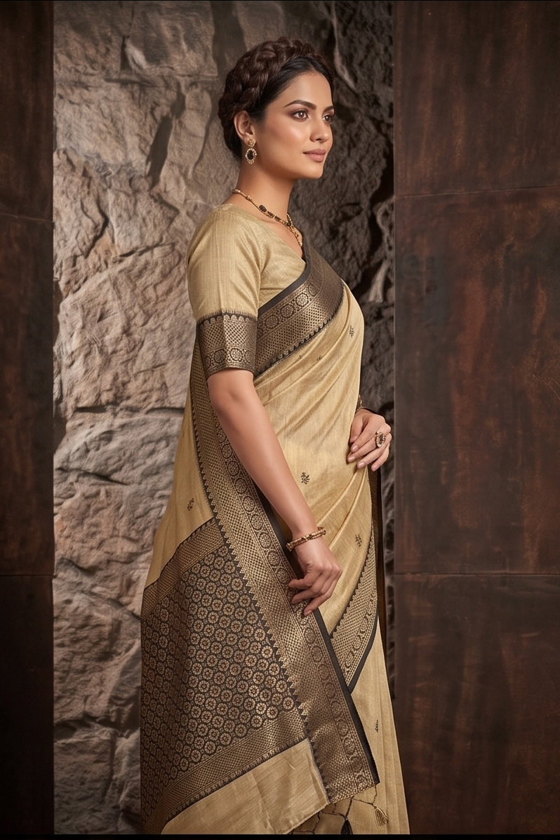 Olive Gold Zari Handloom Tussar Silk Saree