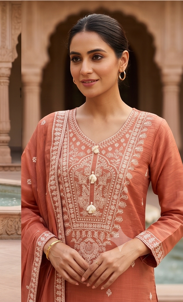 Apricot Embroidered Mul-Chanderi Silk Pant Set