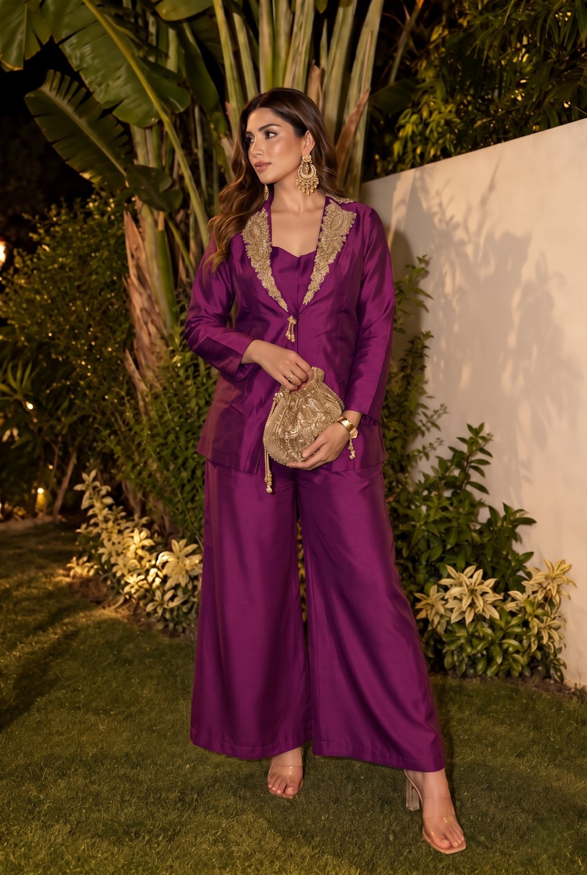 Deep Wine Embellished Dola Silk Palazzo Set