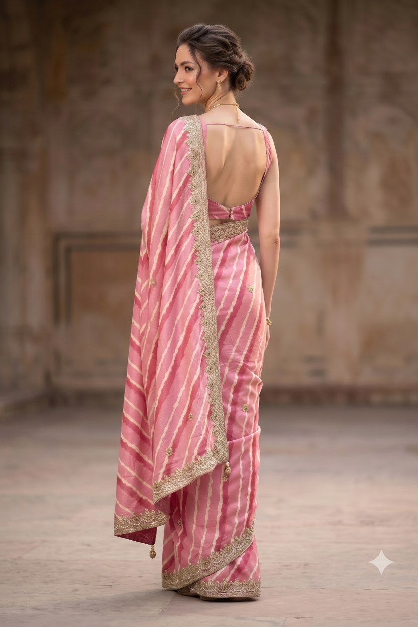 Pastel Pink Embellished Tussar Silk Leheriya Saree