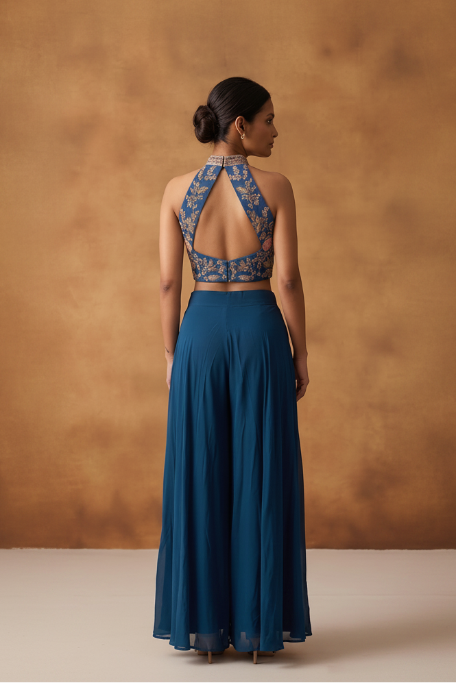 Teal Blue Embellished Crepe Silk Palazzo Set