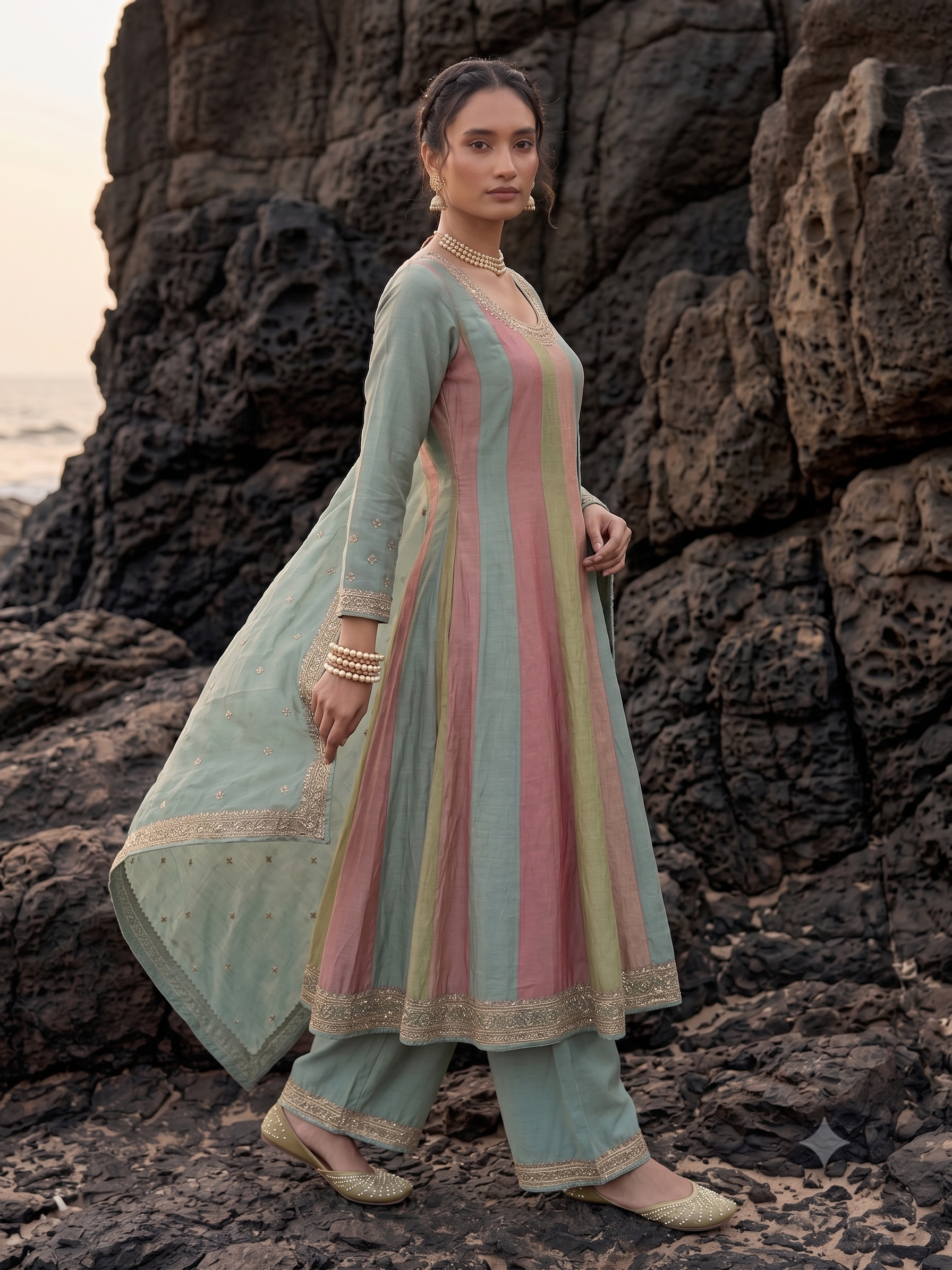 Pastel Prism Embellished Shimmer Tissue Silk Anarkali Set