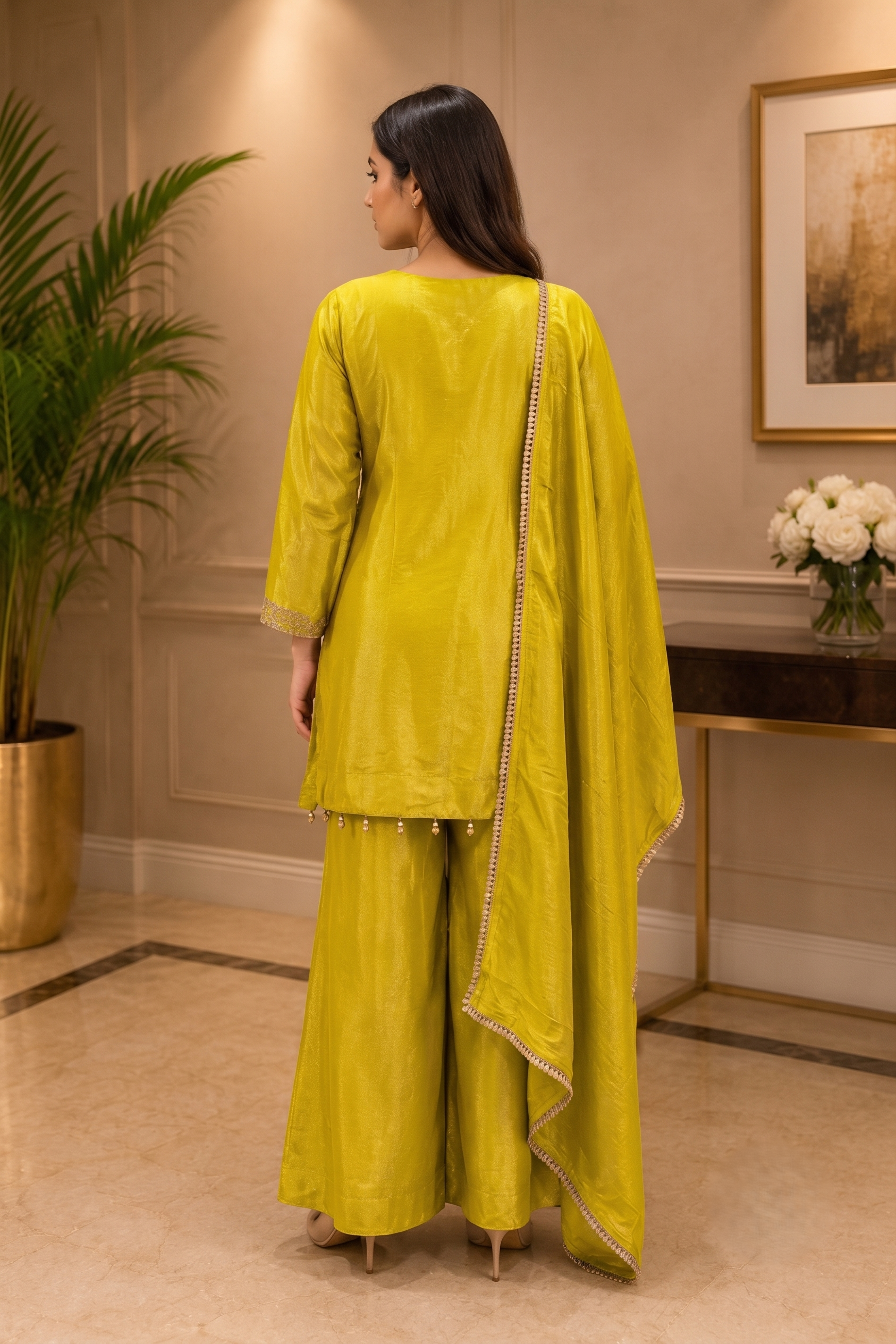 Liril Green Embellished Shimmer Tissue Silk Palazzo Set