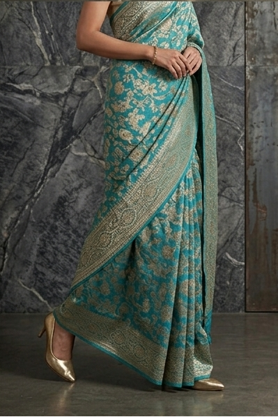 Turquoise Blue Zari Woven Georgette Silk Saree