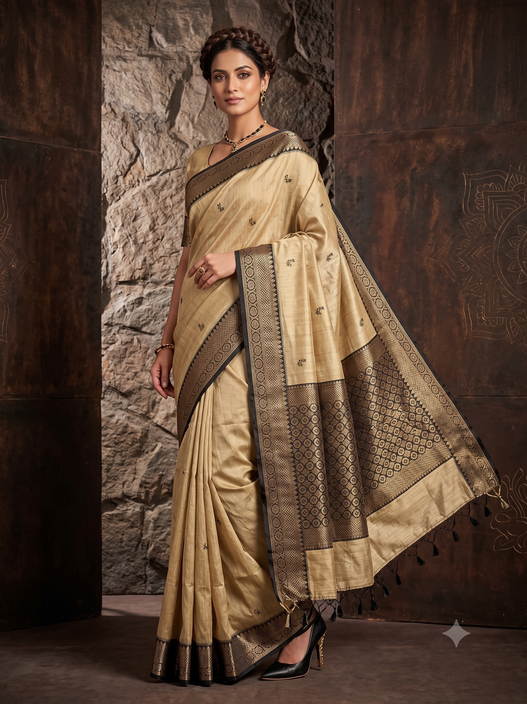 Olive Gold Zari Handloom Tussar Silk Saree
