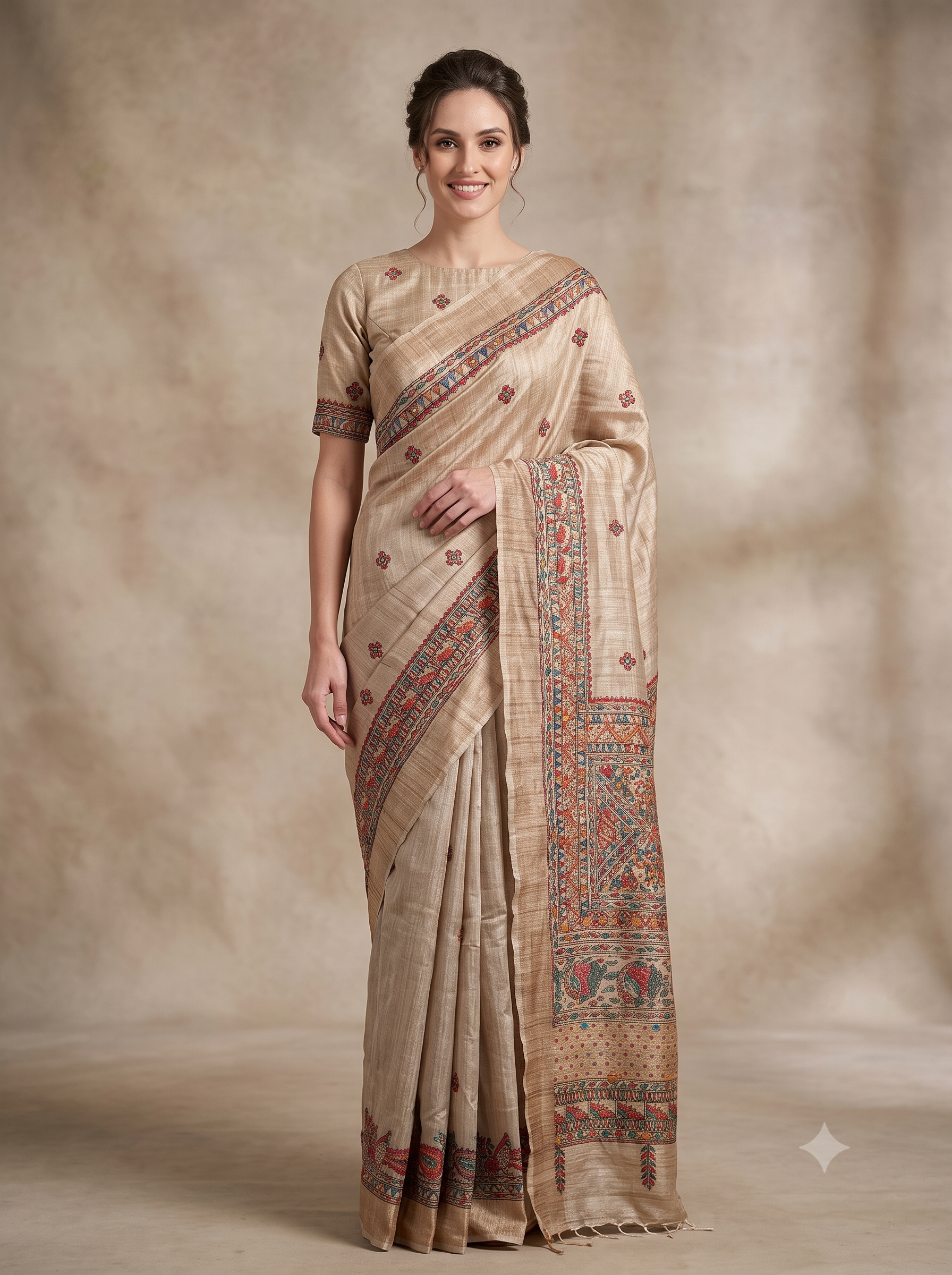 Beige Embroidered Pure Tussar Silk Saree