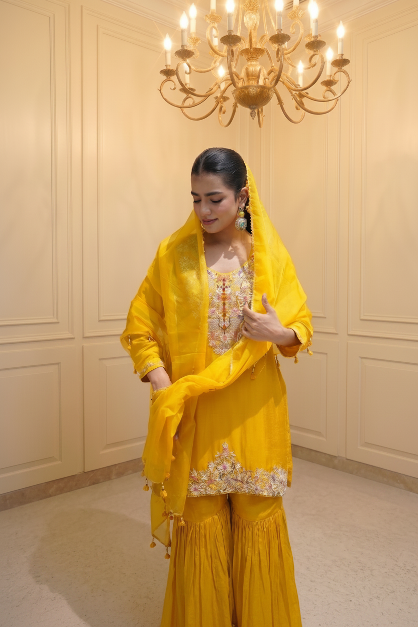 Sunlit Amber Embellished Raw Silk Sharara Set
