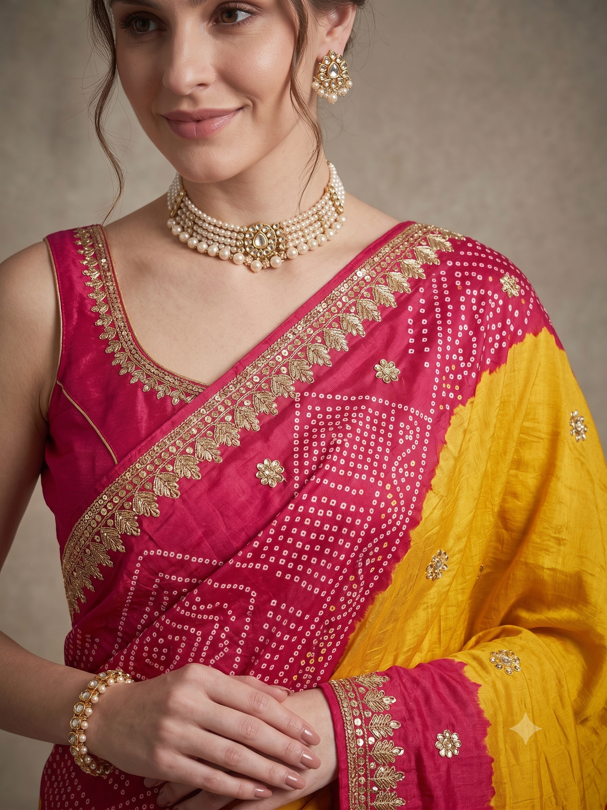 Sunlit Marigold Bandhej Pure Tussar Silk Saree